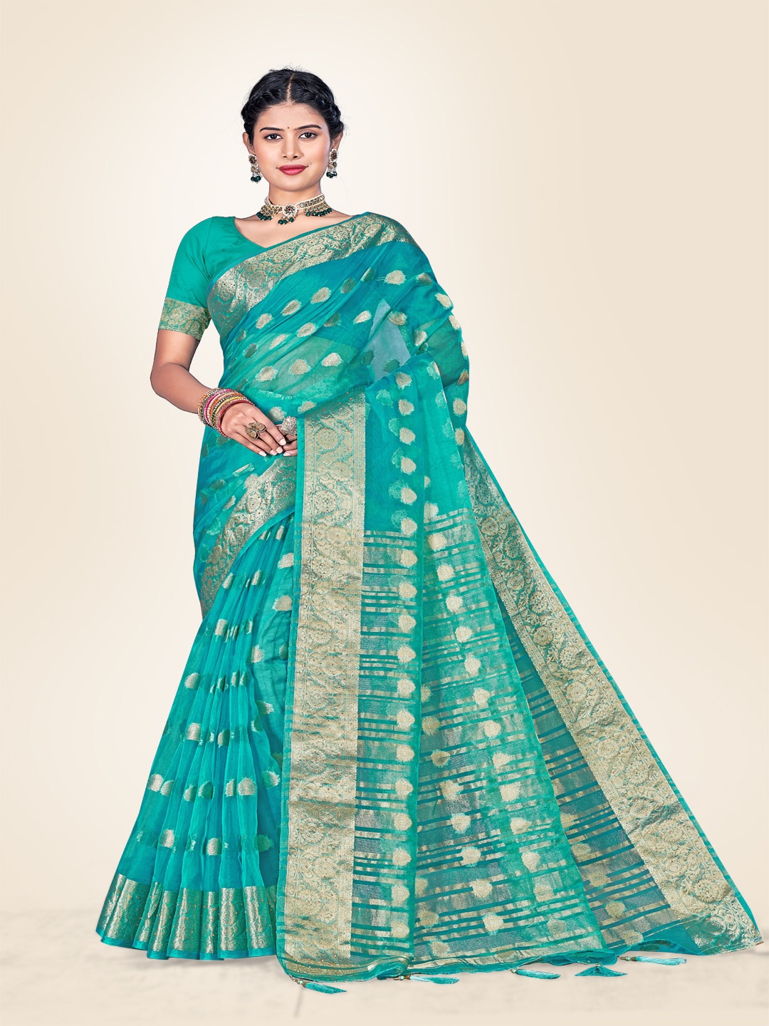 

Sweet smile Fab Ethnic Motifs Woven Design Zari Organza Saree, Green