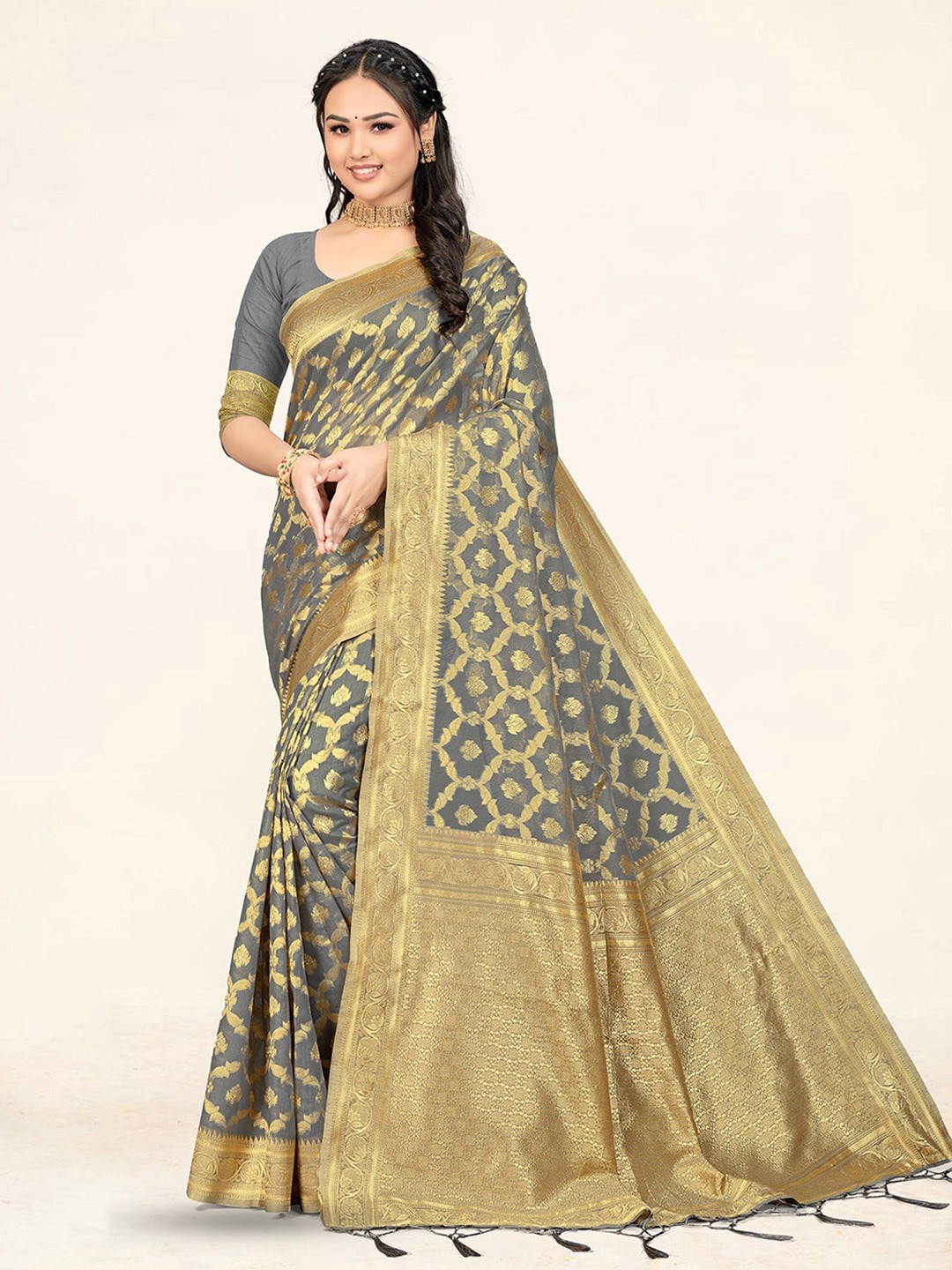 

Sweet smile Fab Ethnic Motifs Woven Design Zari Saree, Grey