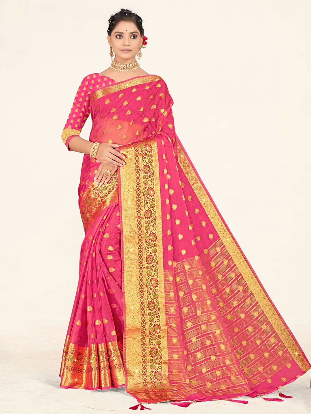 

Sweet smile Fab Ethnic Motifs Woven Design Zari Organza Saree, Pink