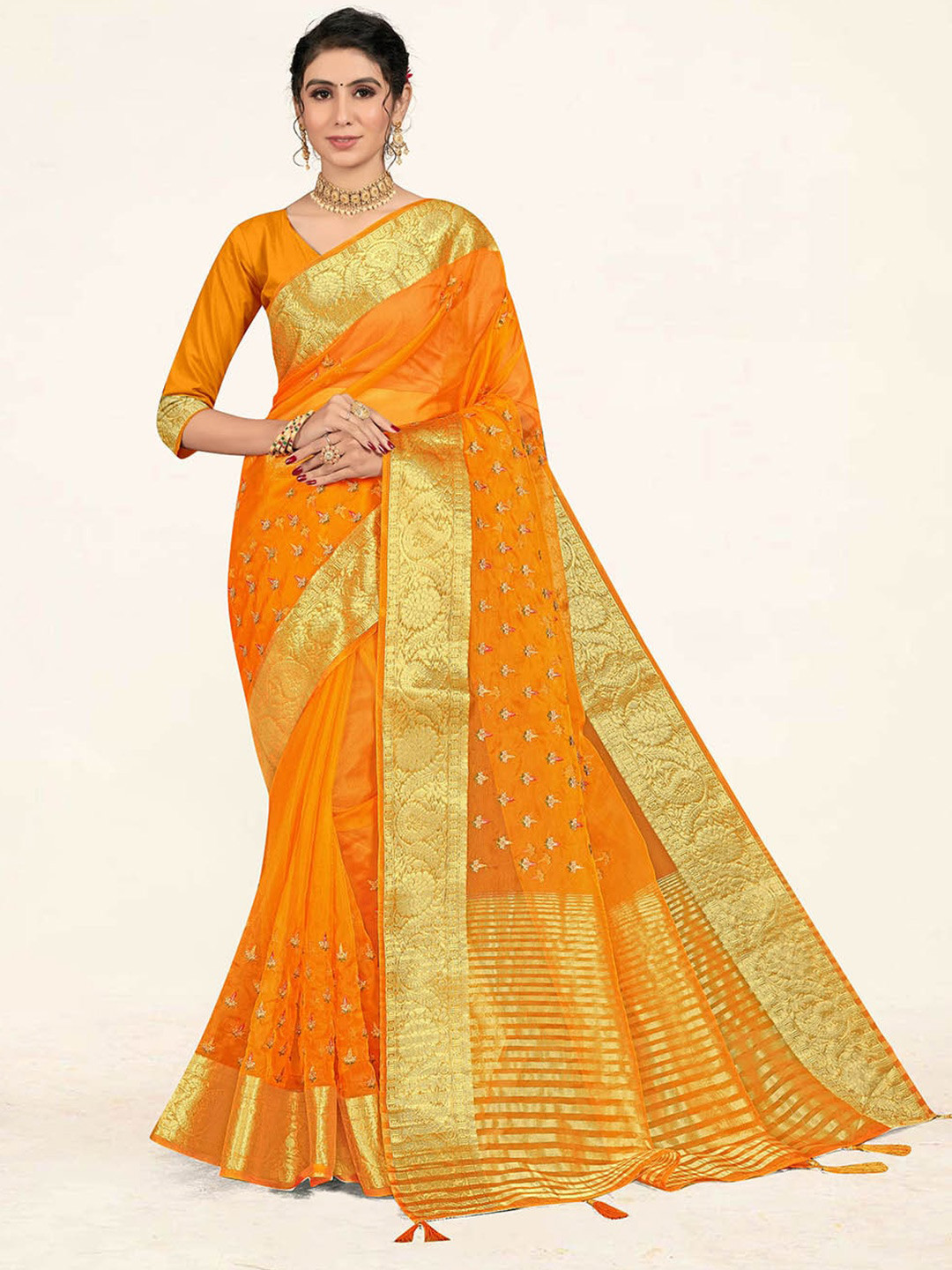 

Sweet smile Fab Ethnic Motifs Woven Design Zari Organza Saree, Yellow