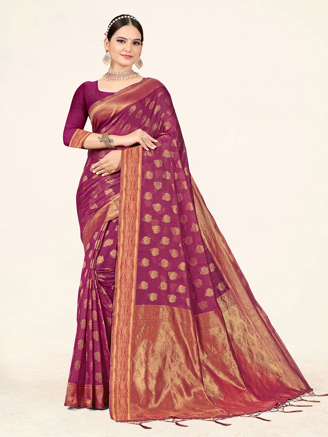 

Sweet smile Fab Ethnic Motifs Woven Design Zari Saree, Pink