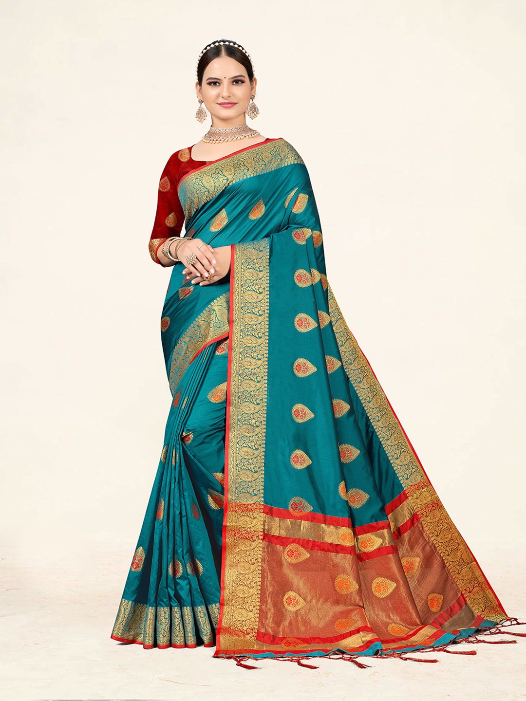 

Sweet smile Fab Ethnic Motifs Woven Design Zari Saree, Turquoise blue