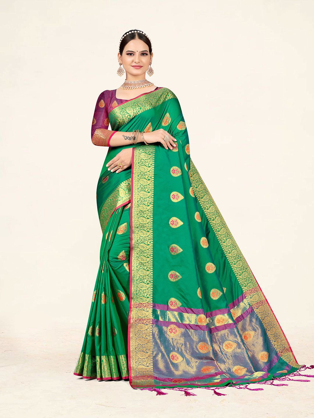 

Sweet smile Fab Ethnic Motifs Woven Design Zari Saree, Green
