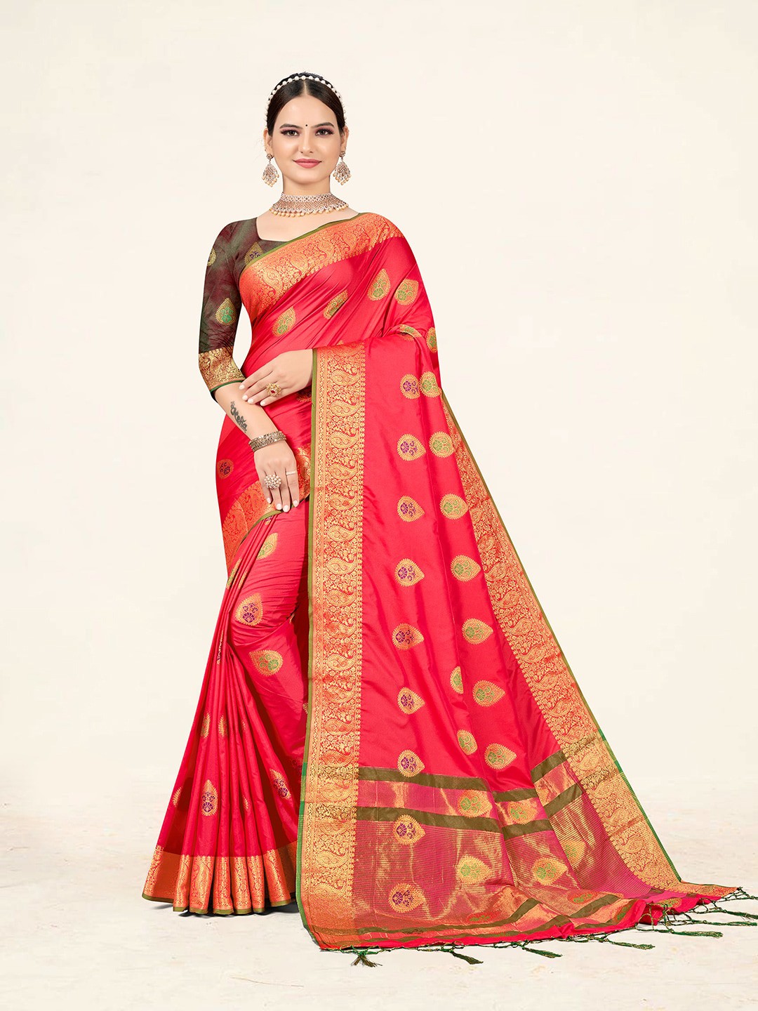 

Sweet smile Fab Ethnic Motifs Woven Design Zari Saree, Pink