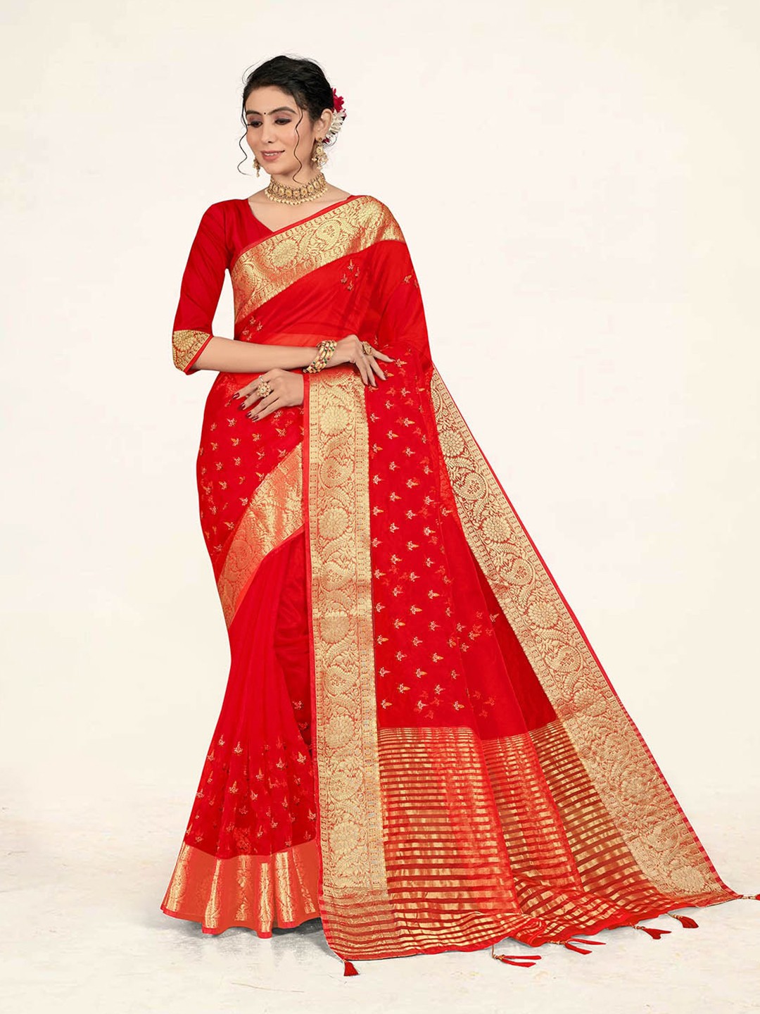 

Sweet smile Fab Embellished Zari Organza Saree, Red