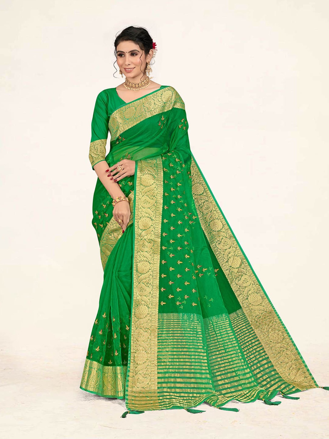 

Sweet smile Fab Embellished Zari Organza Saree, Green