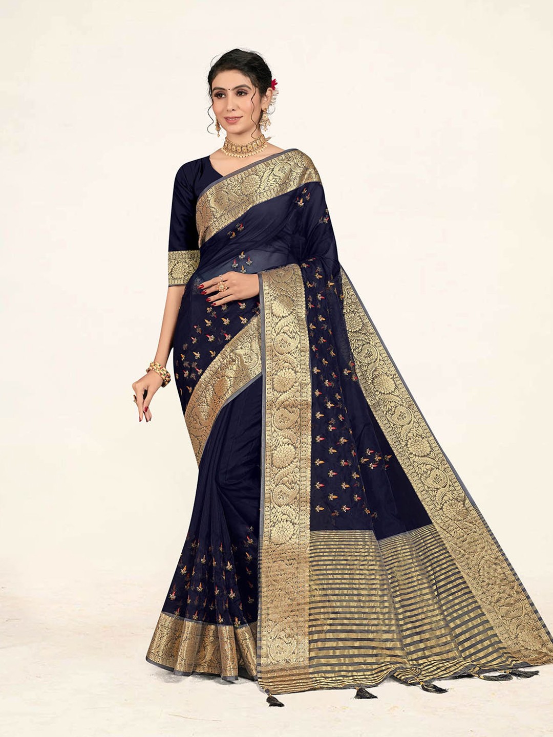 

Sweet smile Fab Ethnic Motifs Woven Design Zari Organza Saree, Navy blue