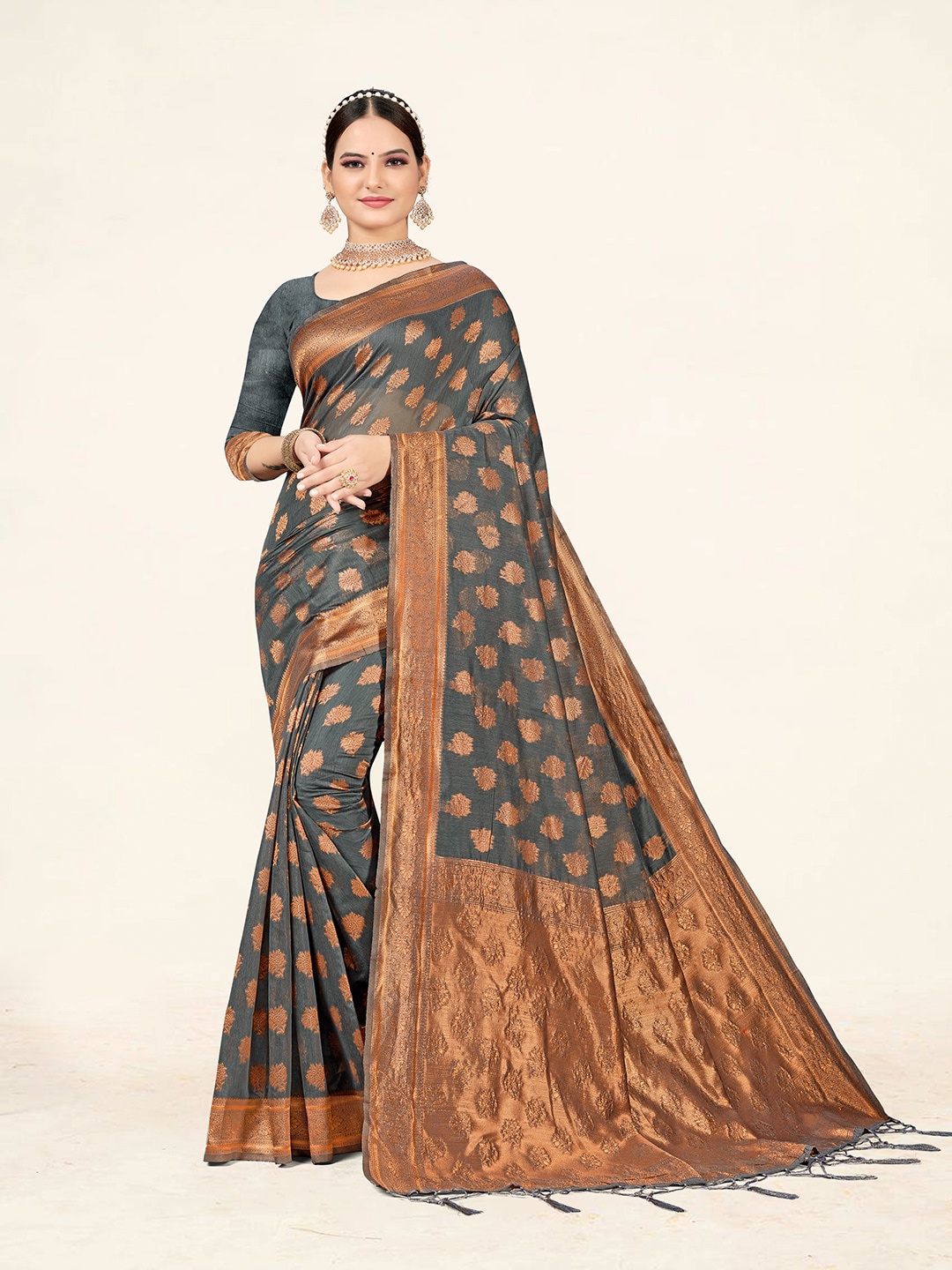 

Sweet smile Fab Ethnic Motifs Woven Design Zari Saree, Grey