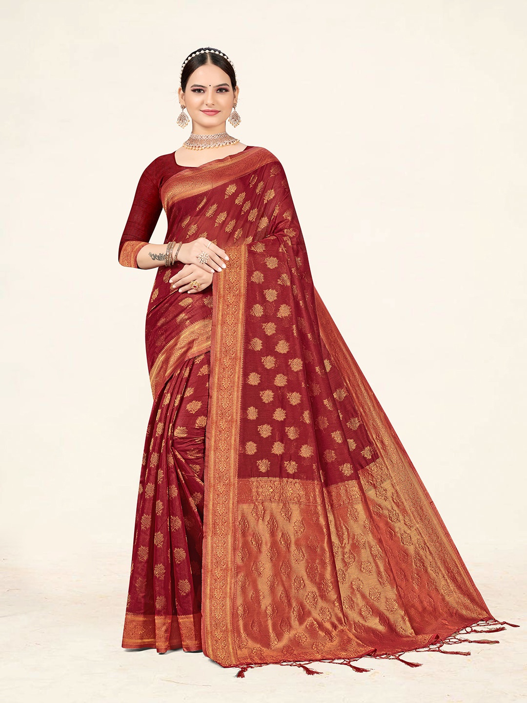 

Sweet smile Fab Ethnic Motifs Woven Design Zari Saree, Maroon