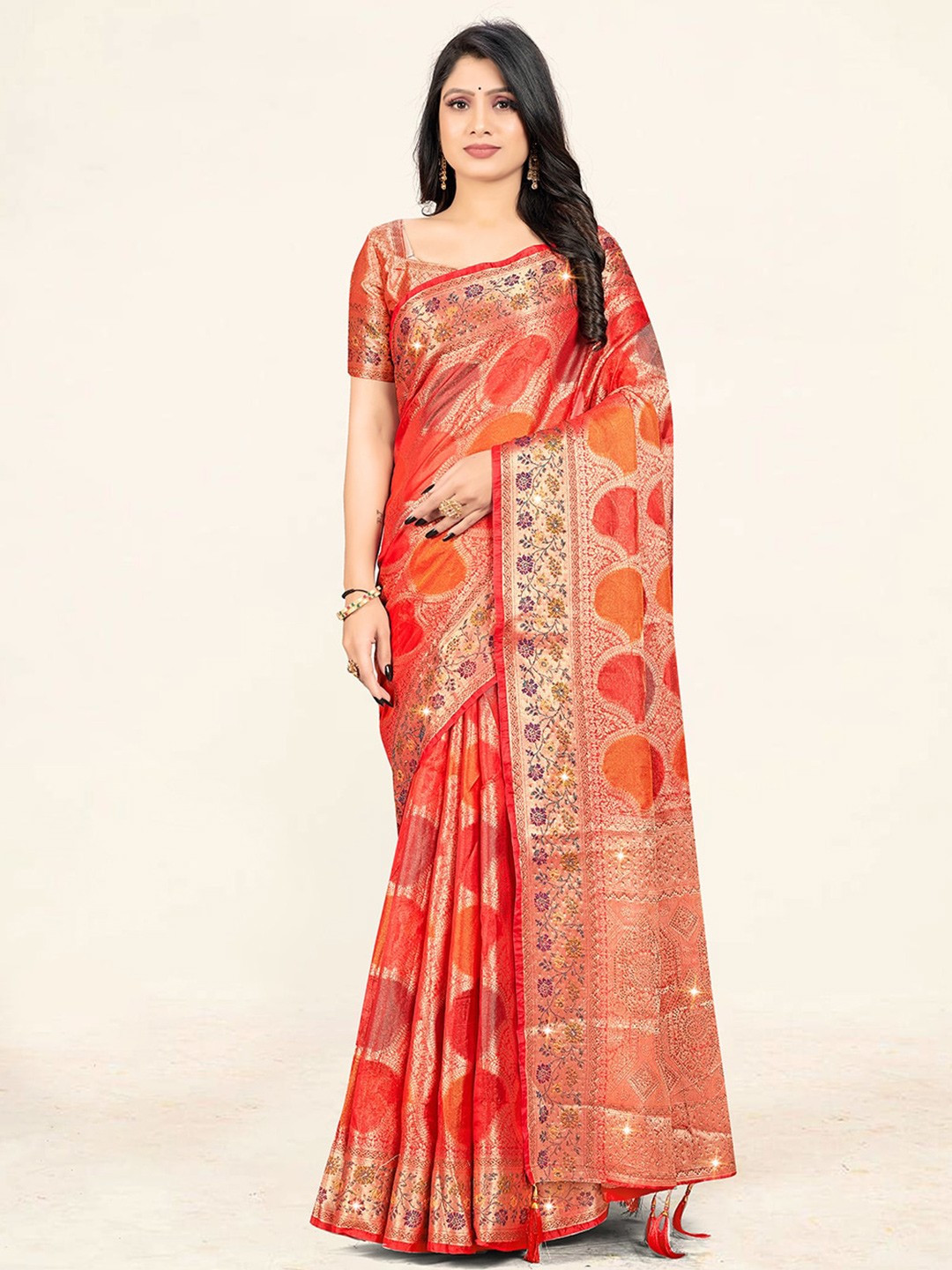 

Sweet smile Fab Ethnic Motifs Woven Design Zari Organza Saree, Red