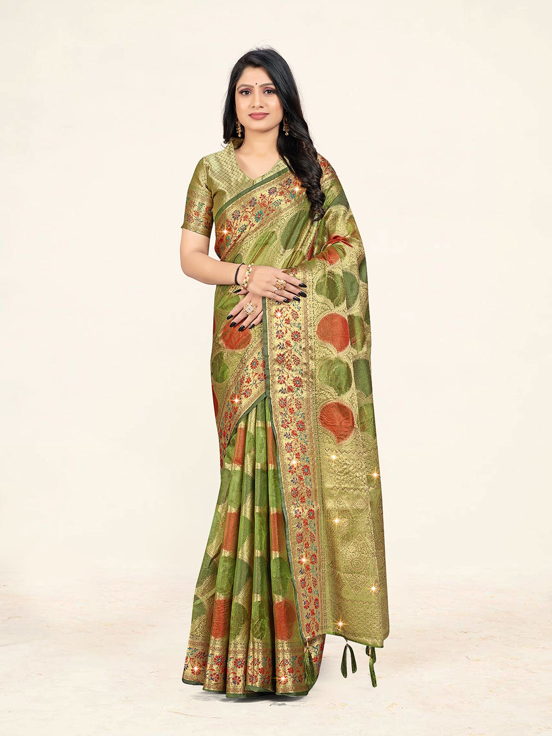 

Sweet smile Fab Ethnic Motifs Woven Design Zari Organza Saree, Green