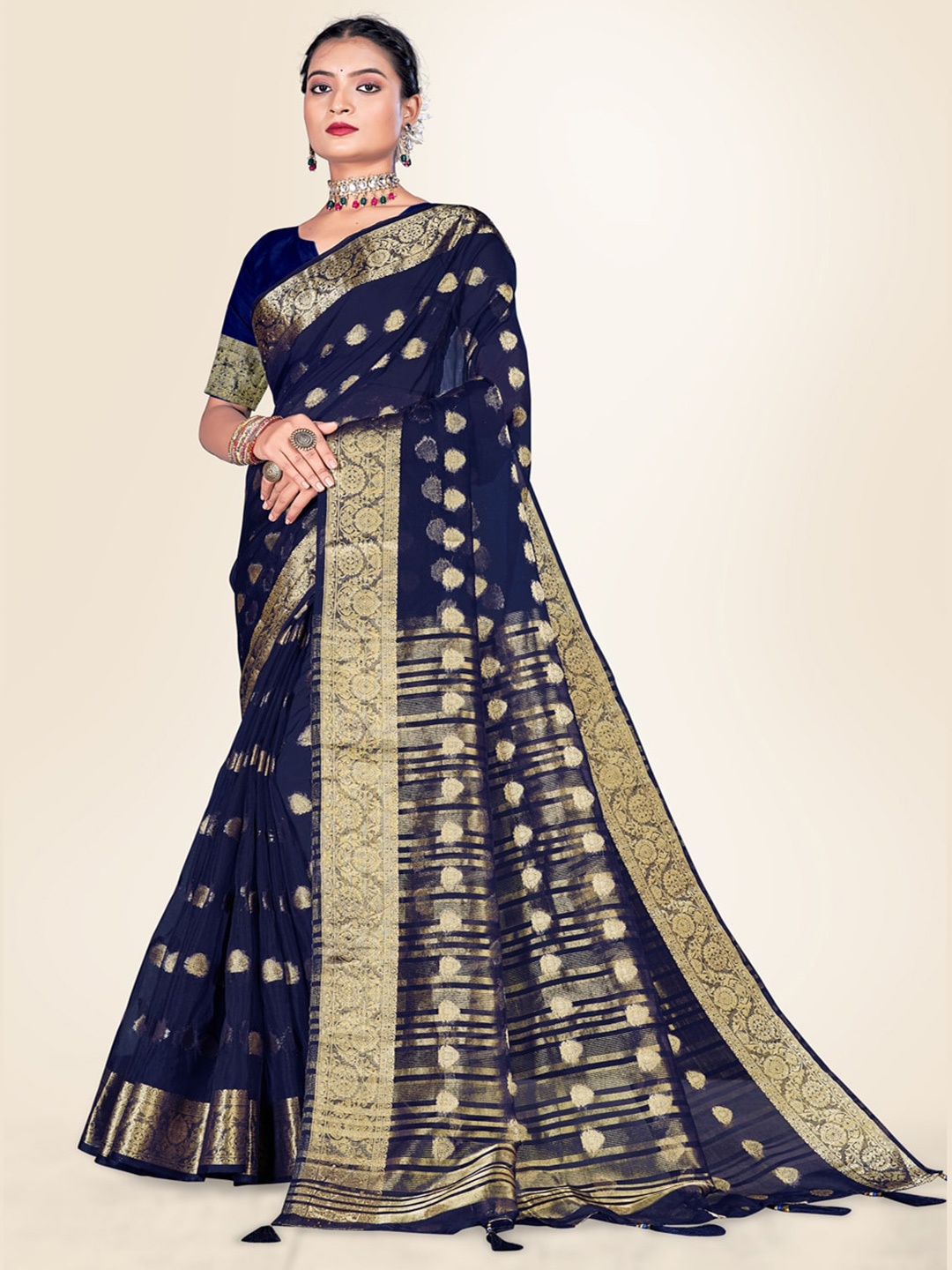 

Sweet smile Fab Ethnic Motifs Woven Design Zari Organza Saree, Navy blue