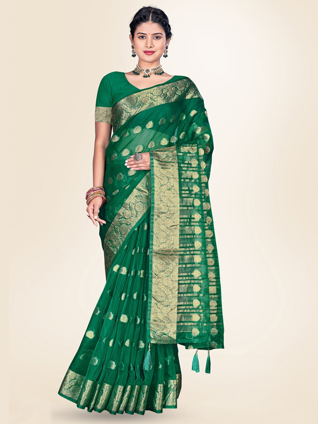

Sweet smile Fab Ethnic Motifs Woven Design Zari Organza Saree, Green