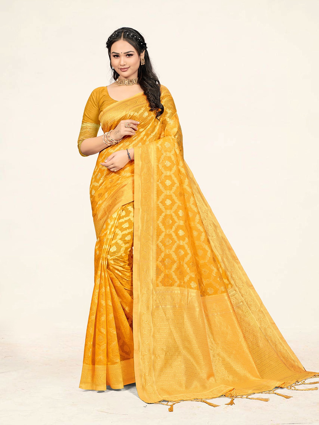 

Sweet smile Fab Woven Design Zari Saree, Yellow