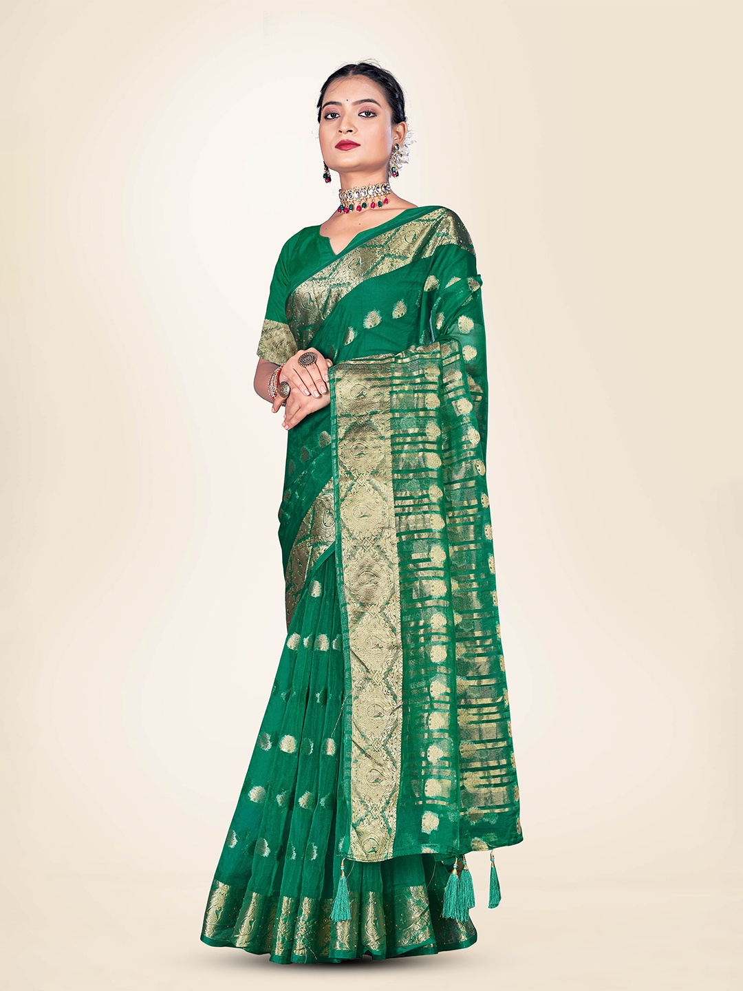 

Sweet smile Fab Woven Design Zari Organza Saree, Green