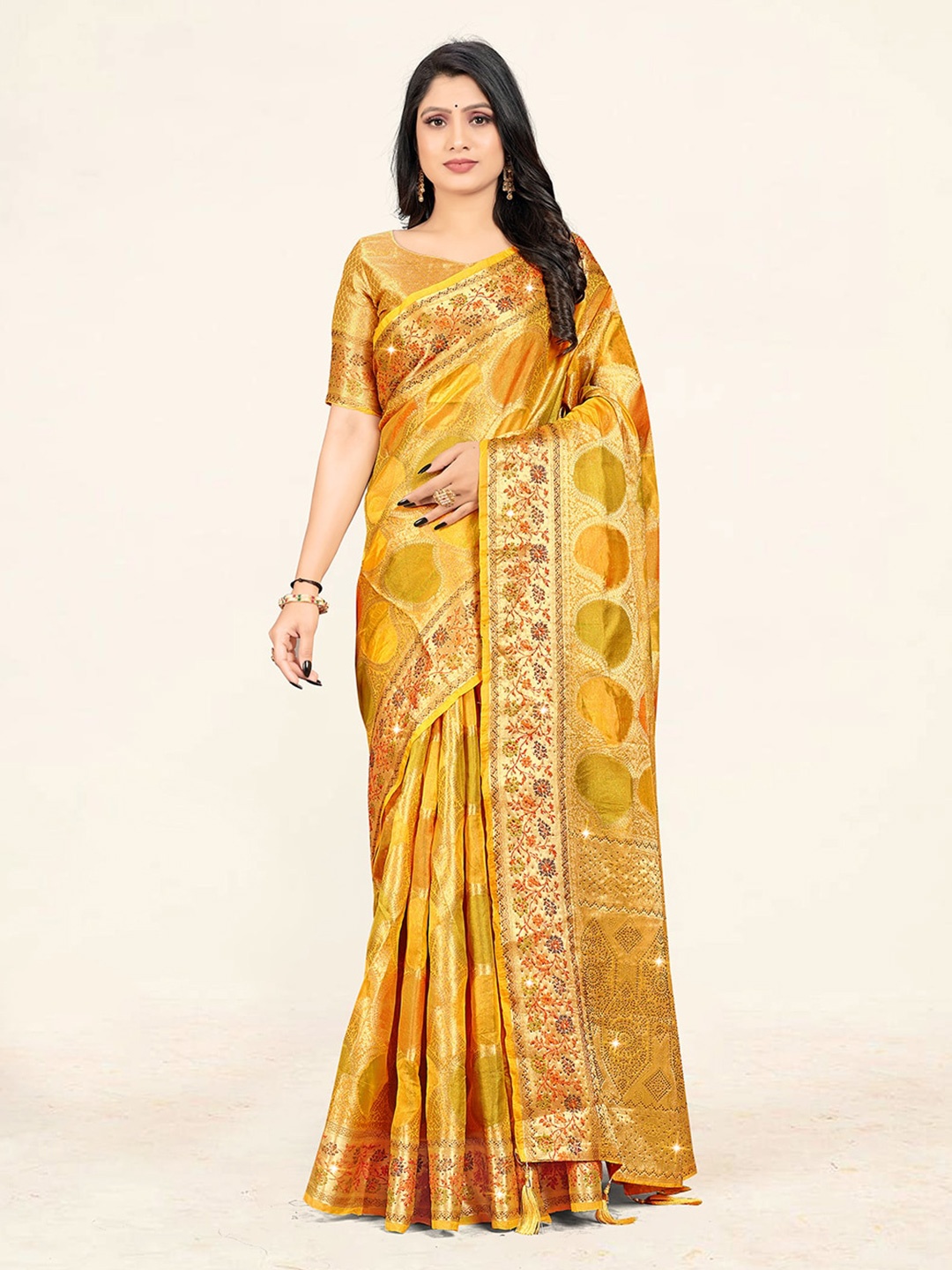 

Sweet smile Fab Ethnic Motifs Woven Design Zari Organza Saree, Yellow