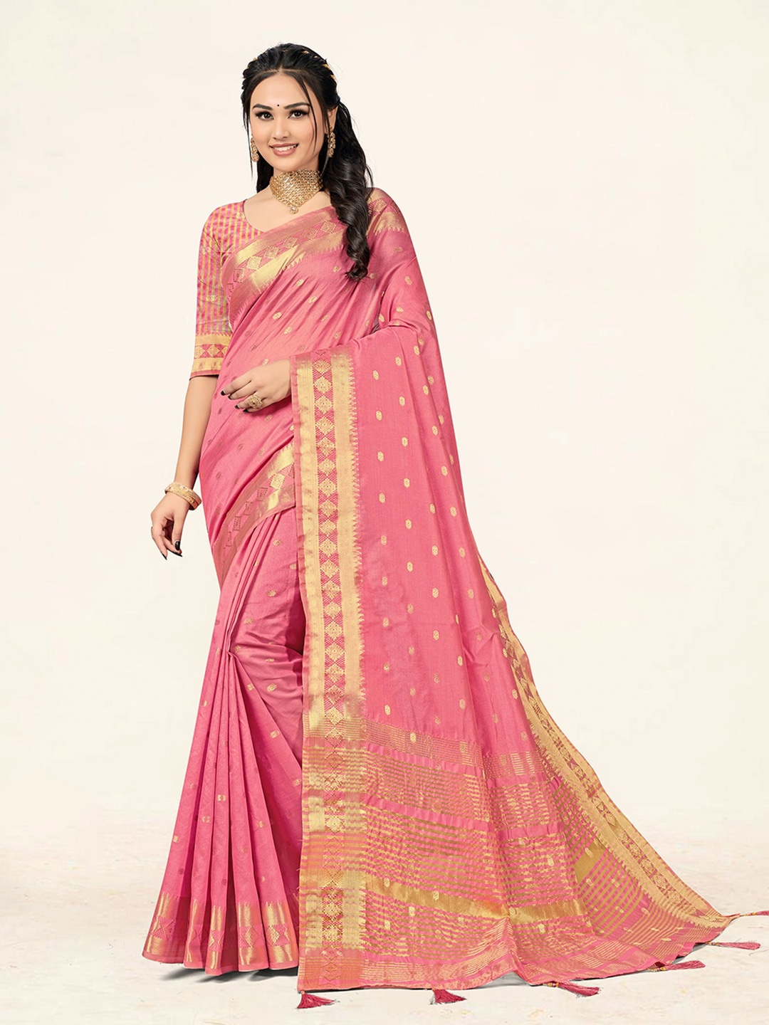 

Sweet smile Fab Ethnic Motifs Woven Design Zari Saree, Pink