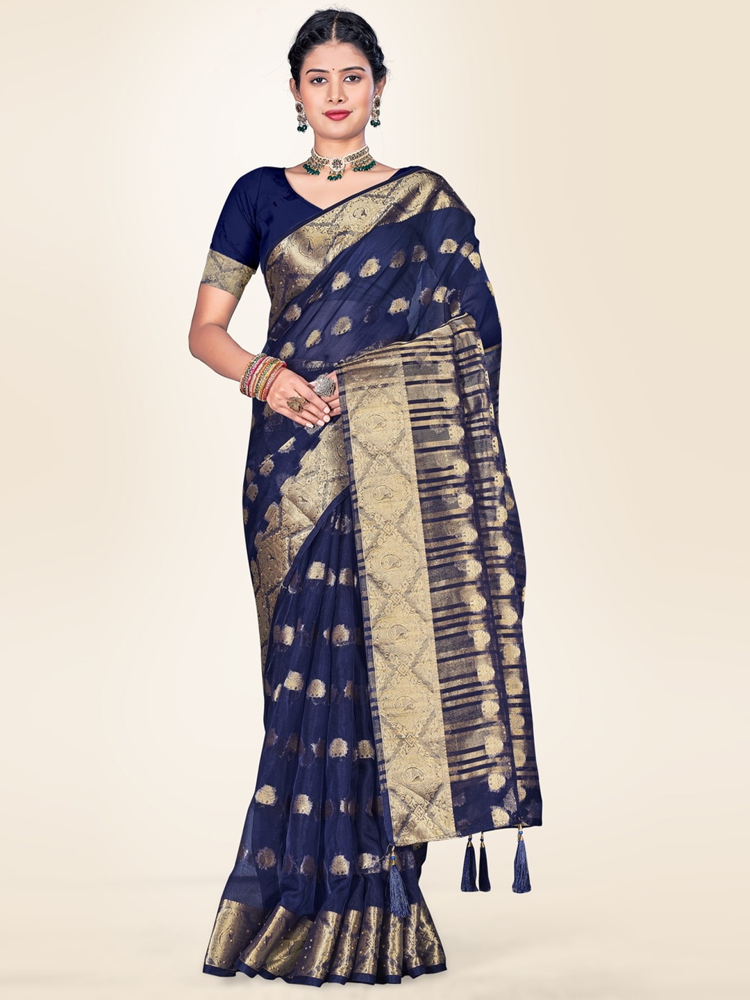 

Sweet smile Fab Ethnic Motifs Woven Design Zari Organza Saree, Navy blue