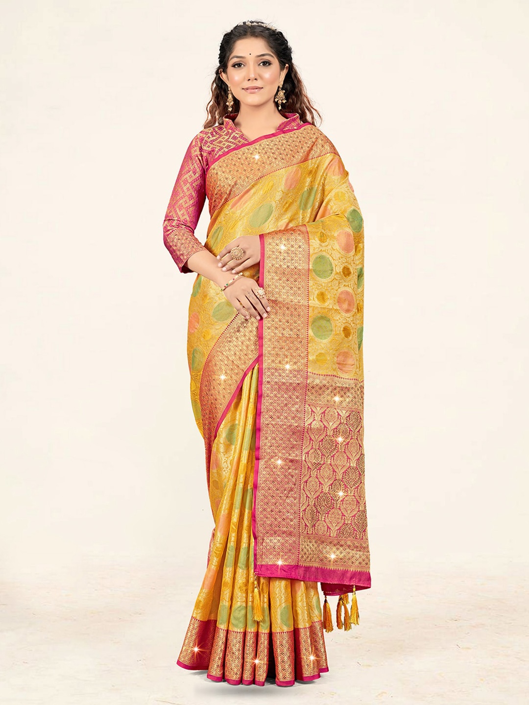 

Sweet smile Fab Ethnic Motifs Woven Design Zari Organza Saree, Yellow