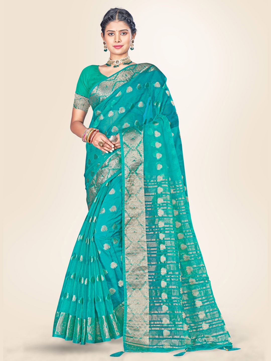 

Sweet smile Fab Ethnic Motifs Woven Design Zari Organza Saree, Turquoise blue