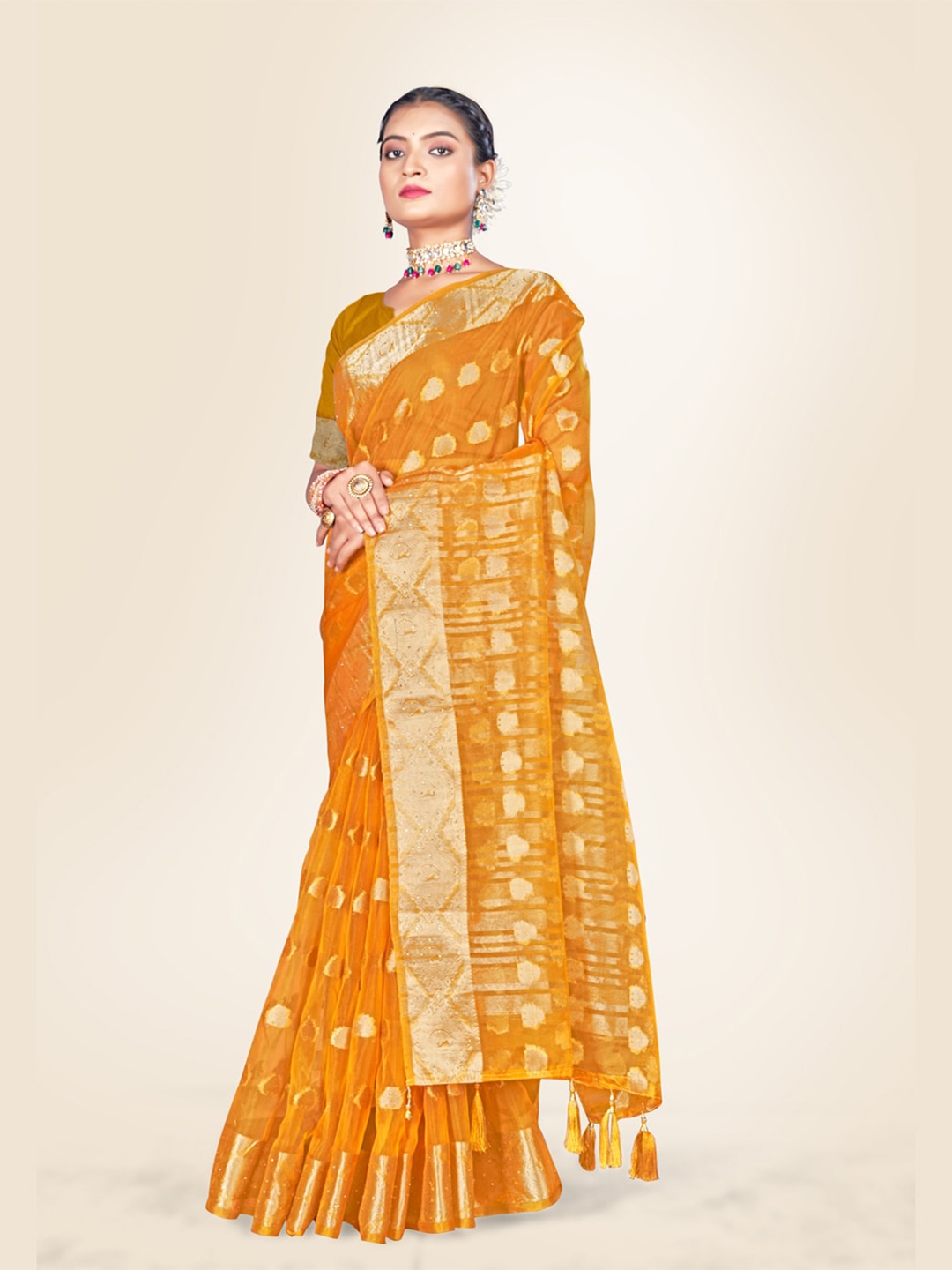 

Sweet smile Fab Ethnic Motifs Woven Design Zari Organza Saree, Yellow