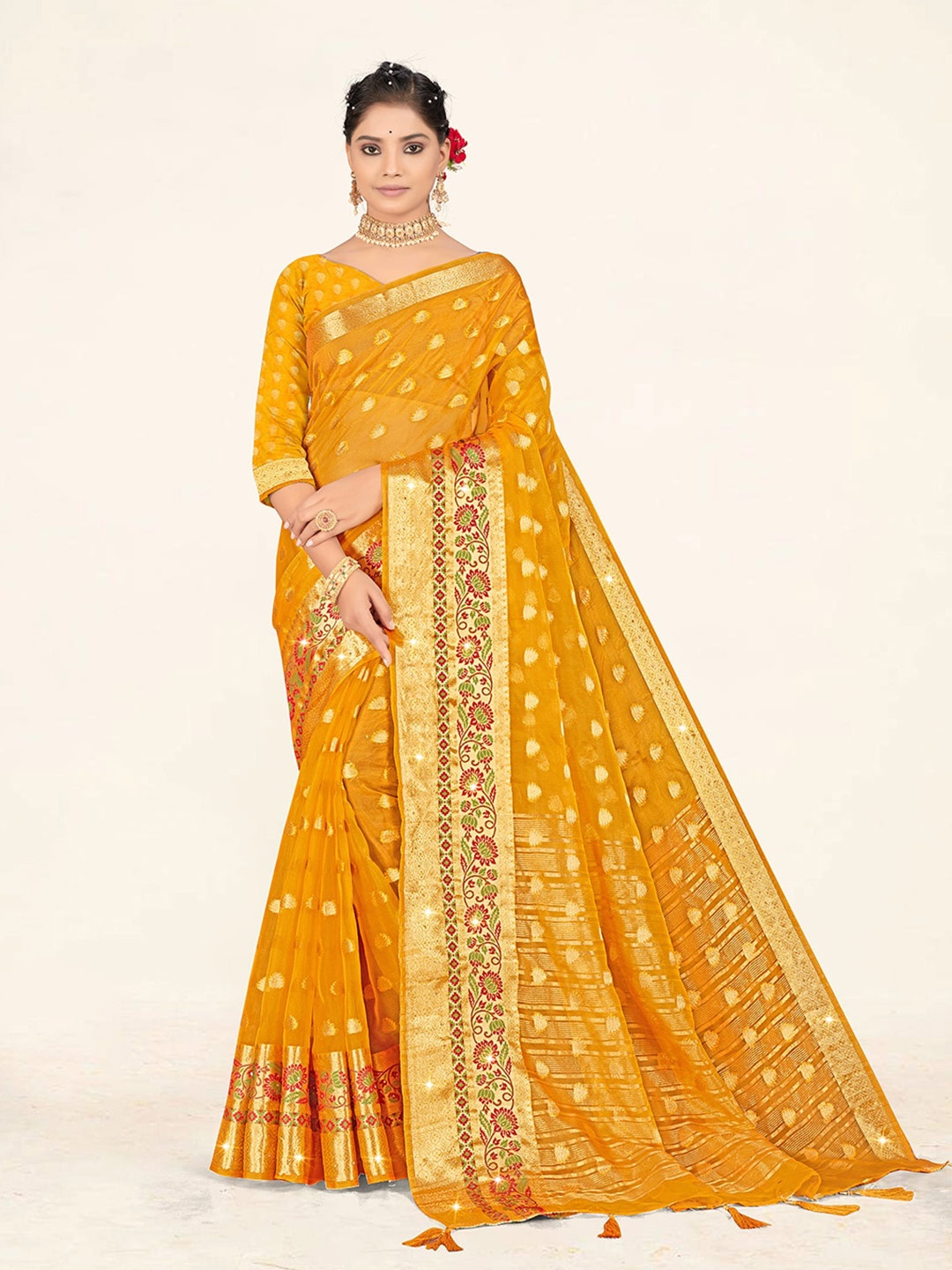 

Sweet smile Fab Ethnic Motifs Woven Design Zari Organza Saree, Yellow
