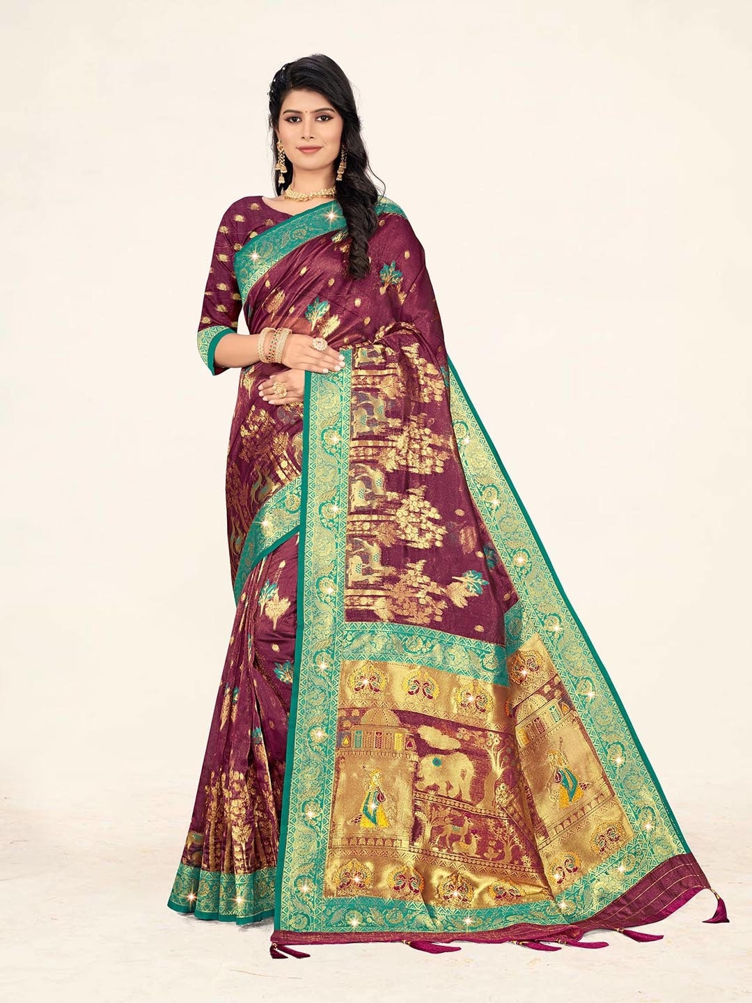 

Sweet smile Fab Ethnic Motifs Woven Design Zari Organza Saree, Burgundy