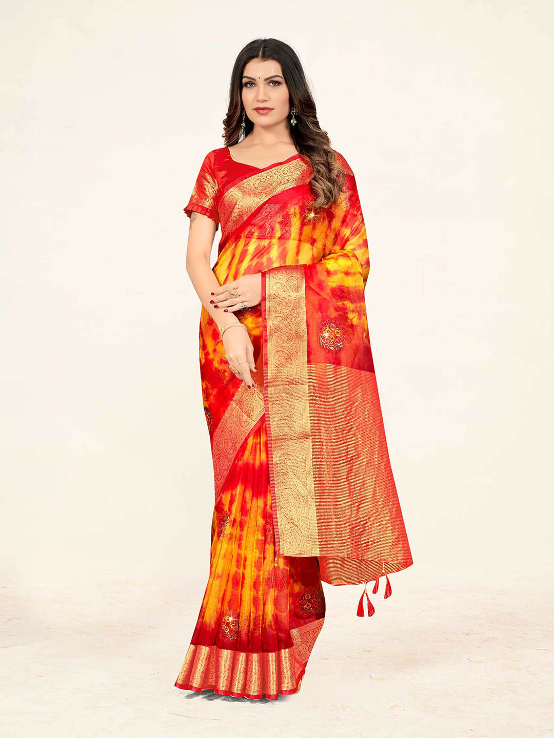 

Sweet smile Fab Tie & Dye Zari Organza Saree, Yellow