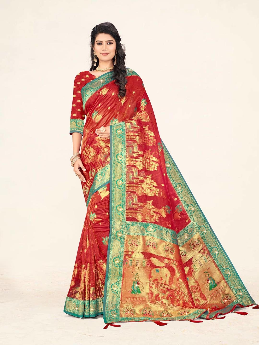 

Sweet smile Fab Floral Woven Design Zari Organza Saree, Red