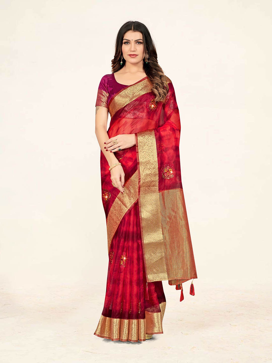 

Sweet smile Fab Floral Woven Design Zari Organza Saree, Red