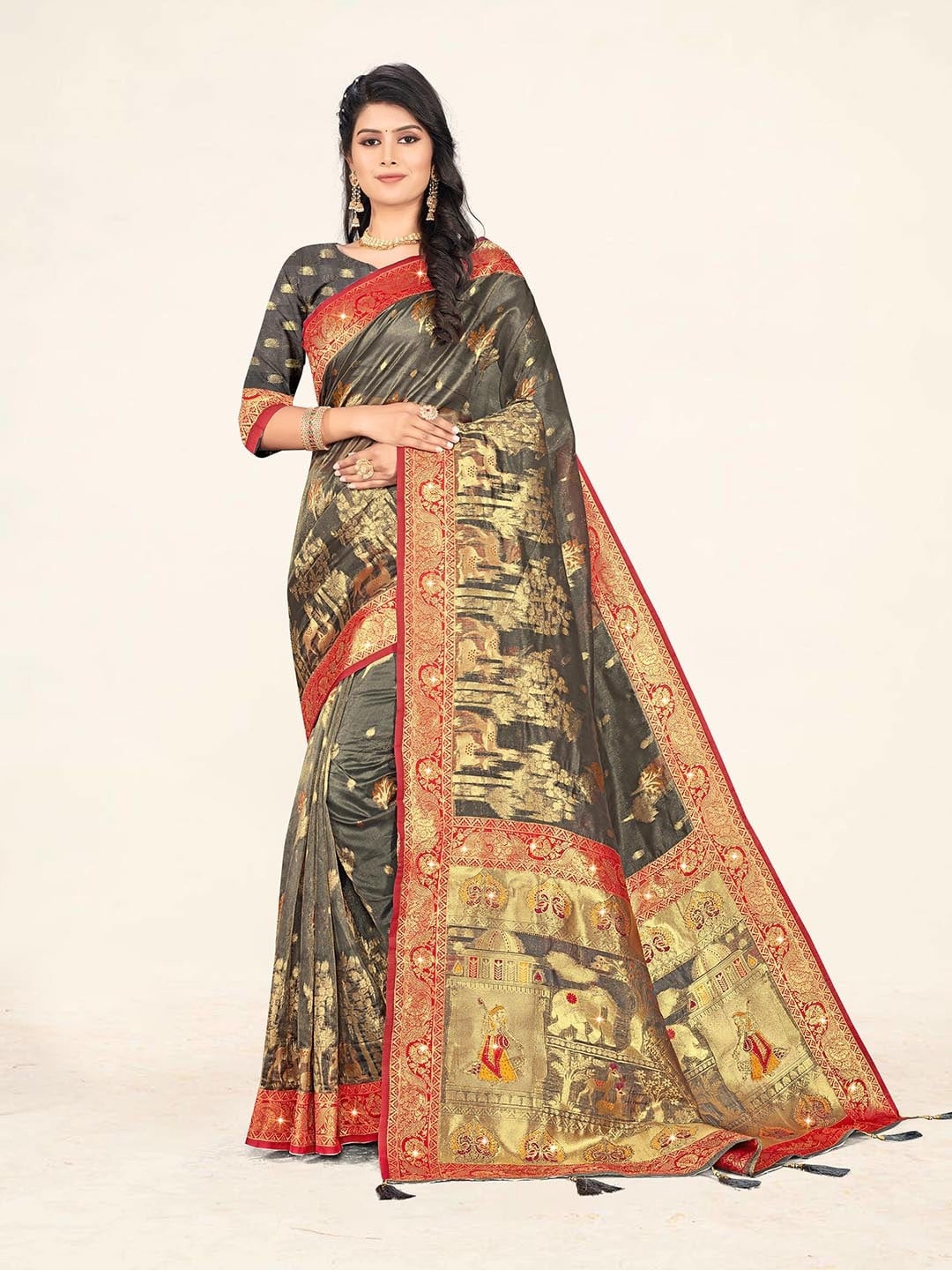 

Sweet smile Fab Ethnic Motifs Woven Design Zari Organza Saree, Grey