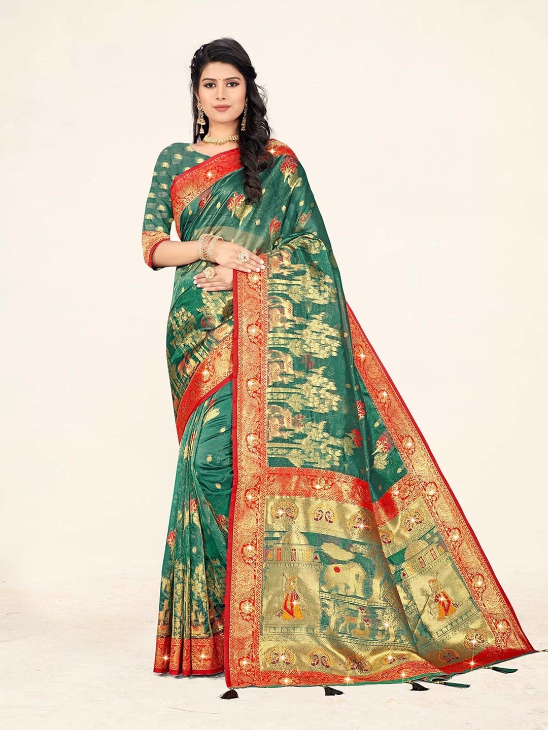 

Sweet smile Fab Ethnic Motifs Woven Design Zari Organza Saree, Green