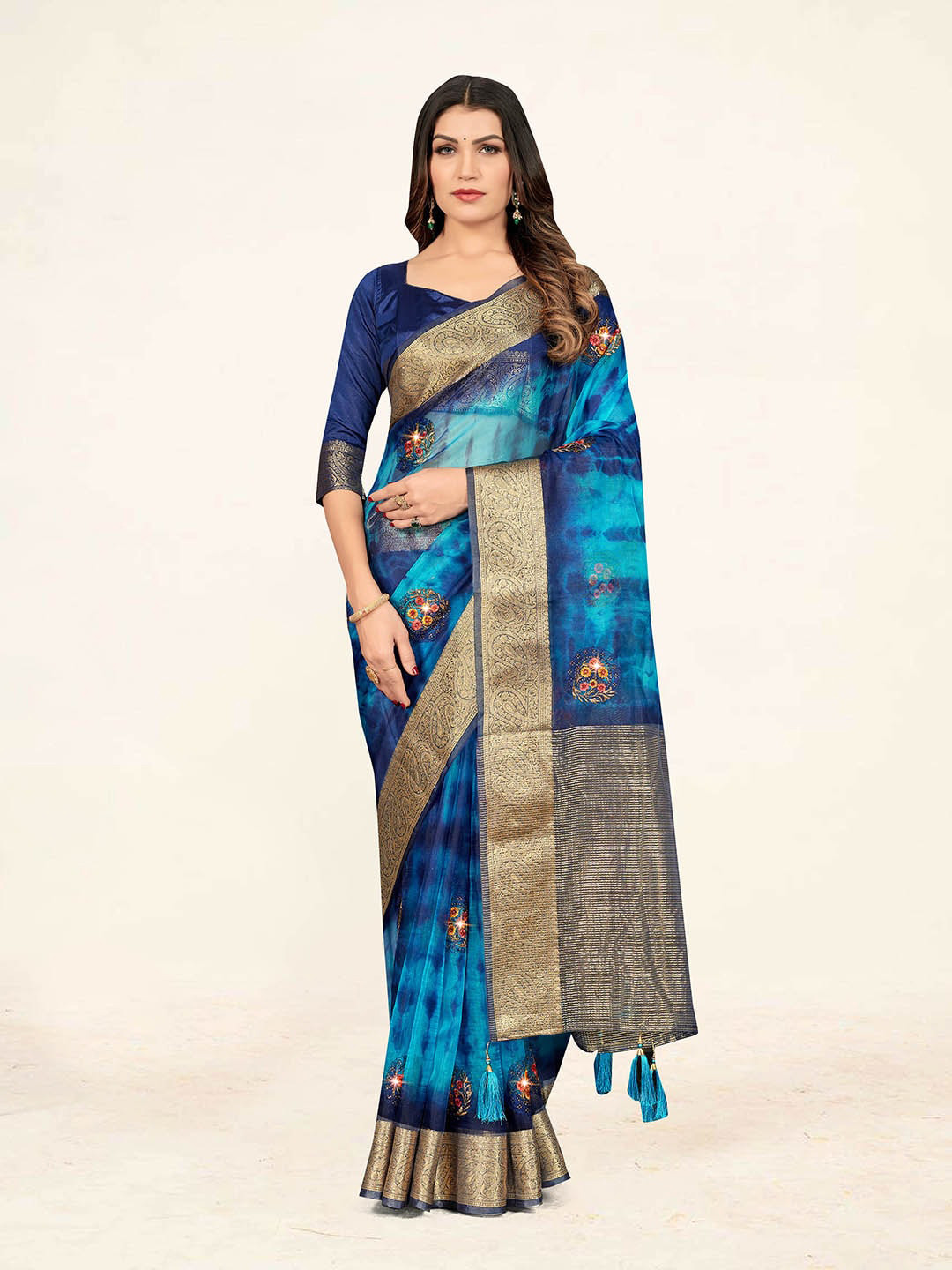 

Sweet smile Fab Tie and Dye Printed Zari Organza Saree, Blue
