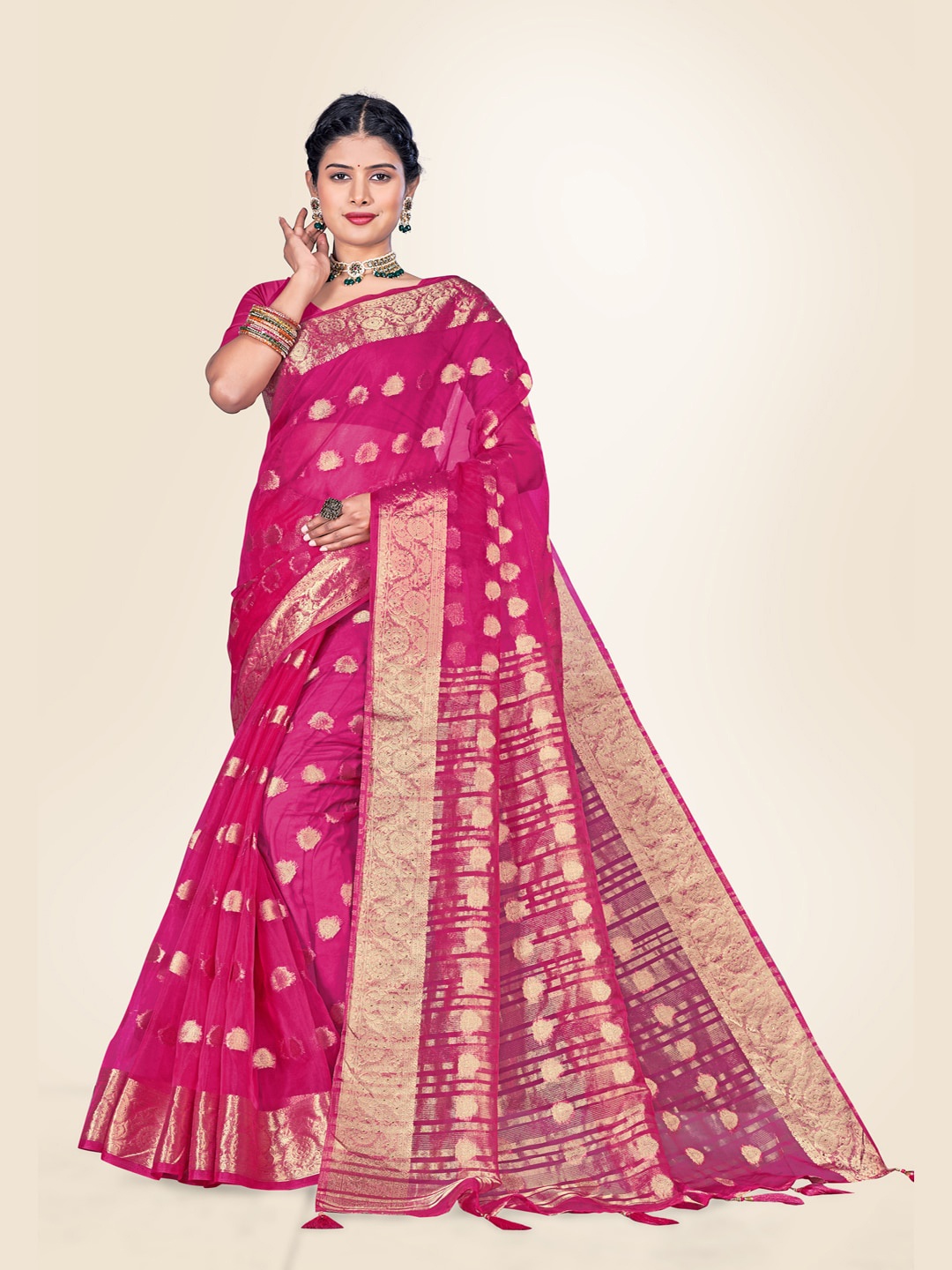 

Sweet smile Fab Ethnic Motifs Woven Design Organza Saree, Fuchsia