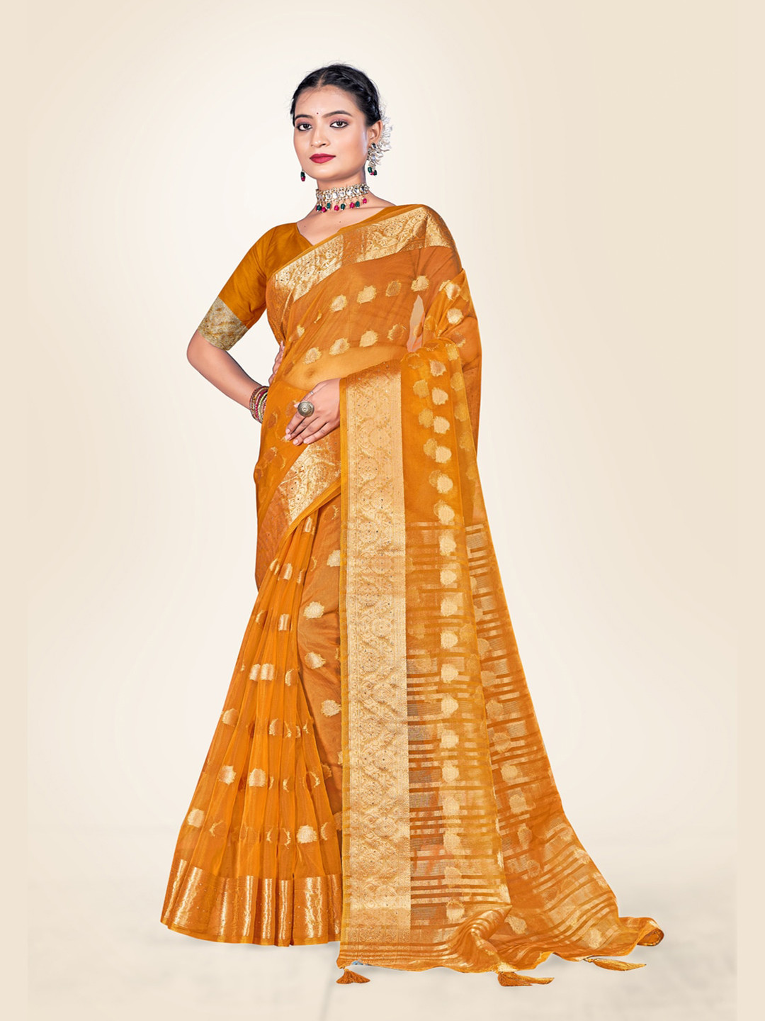 

Sweet smile Fab Ethnic Motifs Woven Design Zari Organza Saree, Yellow