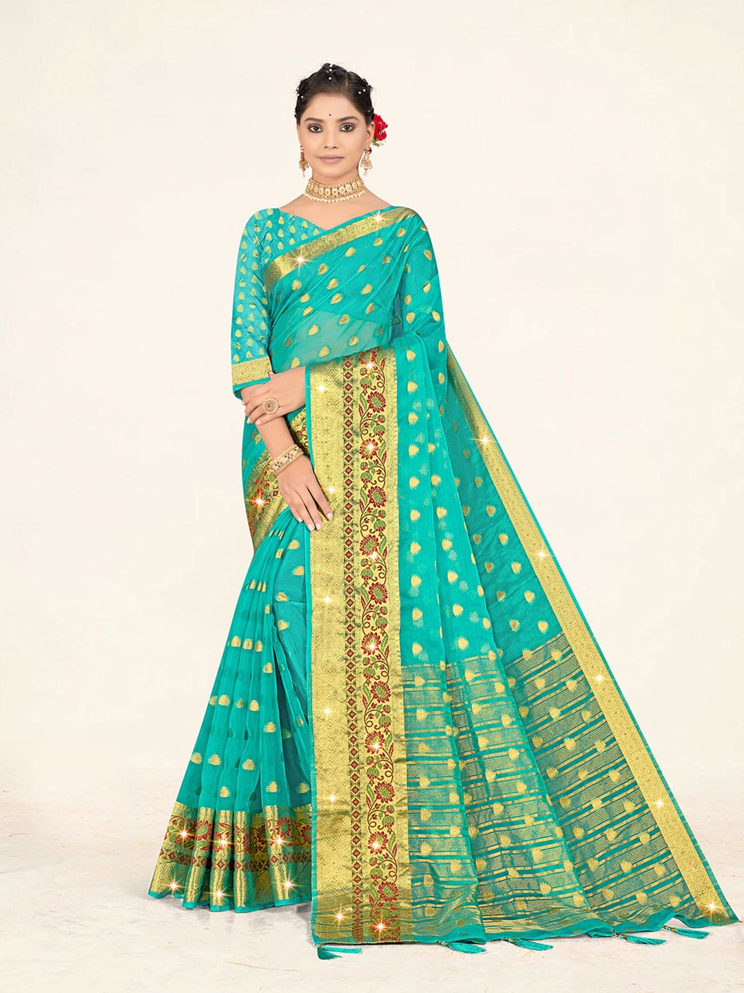 

Sweet smile Fab Ethnic Motifs Woven Design Zari Organza Saree, Turquoise blue