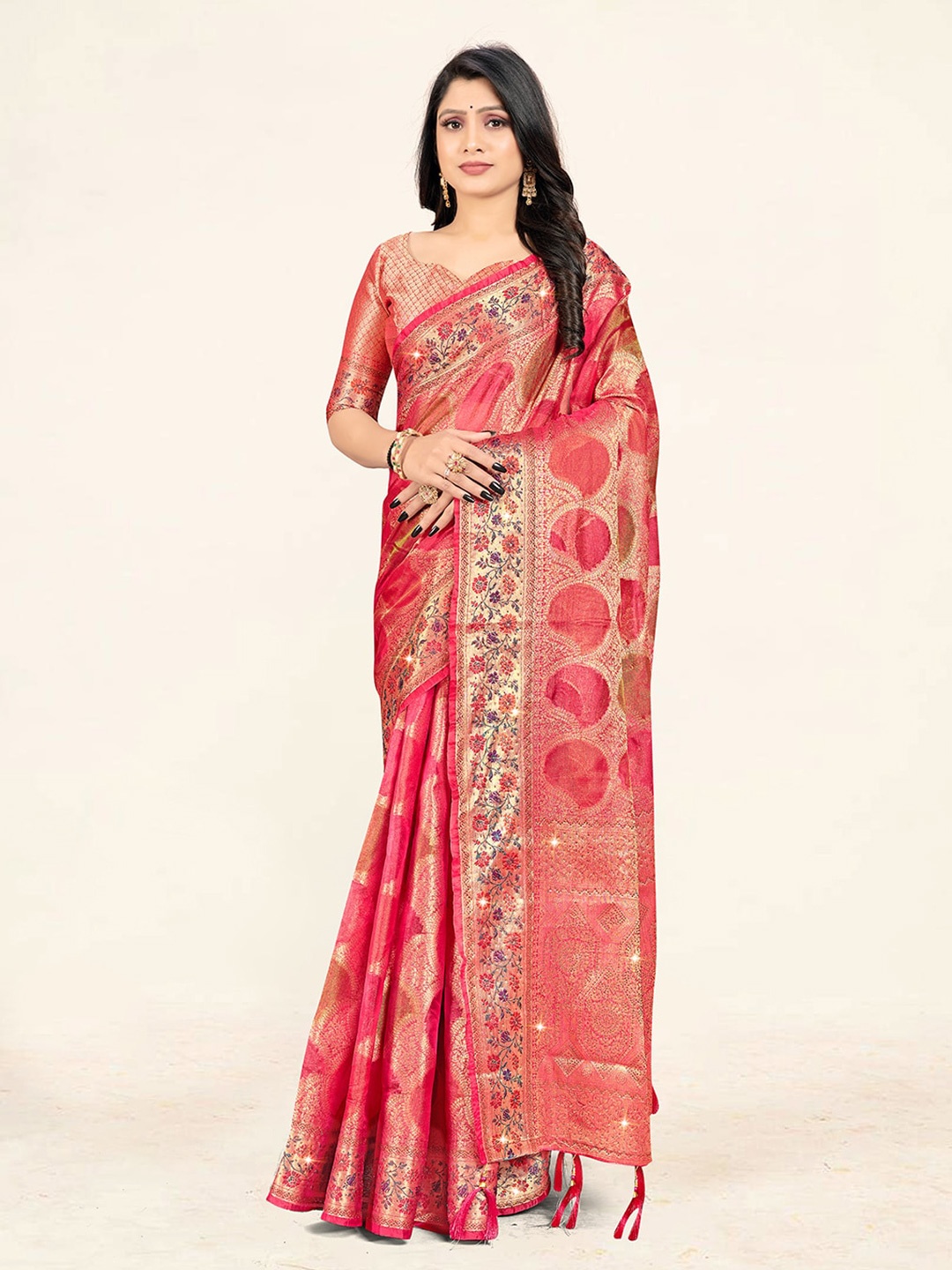 

Sweet smile Fab Ethnic Motifs Woven Design Zari Organza Saree, Pink