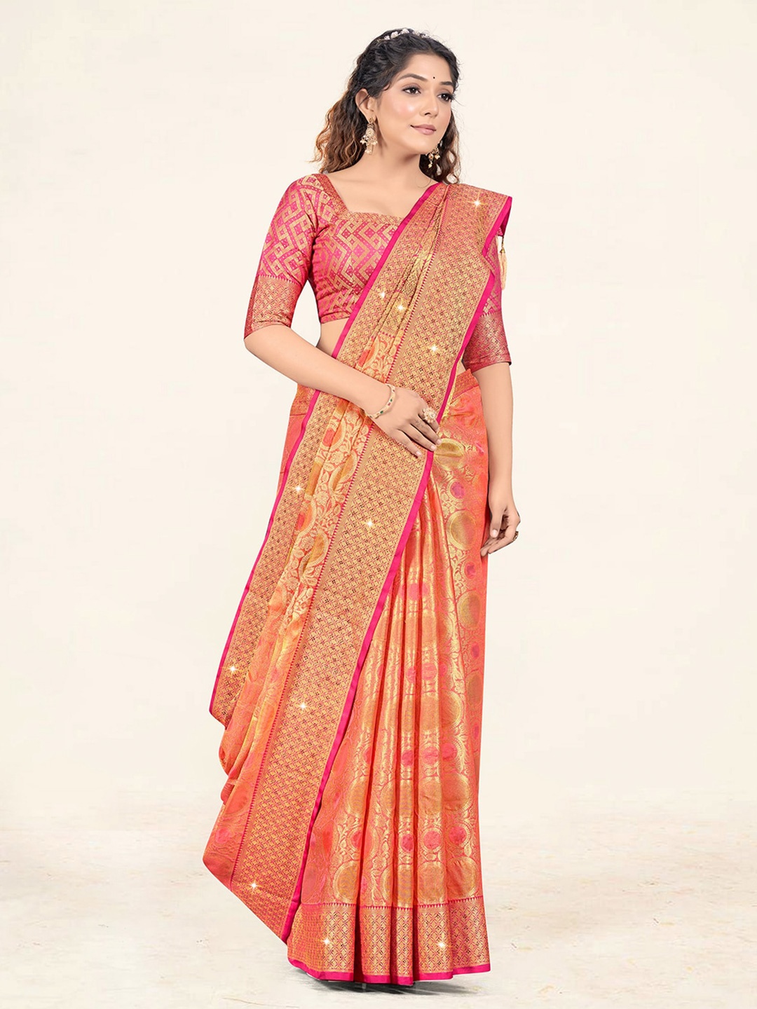 

Sweet smile Fab Geometric Woven Design Zari Organza Saree, Pink