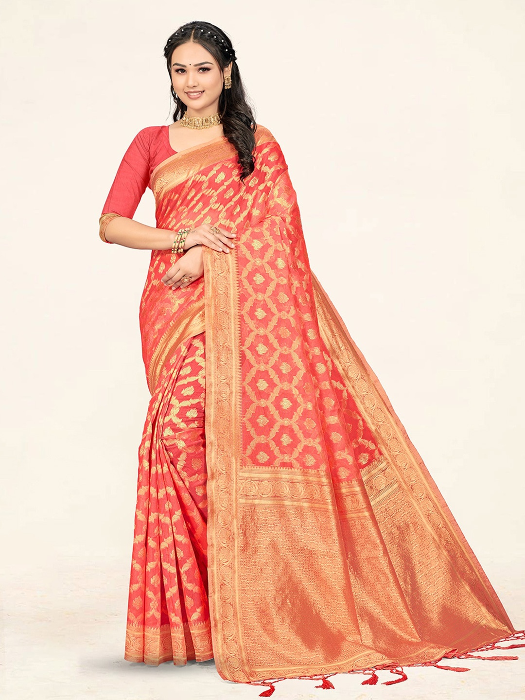

Sweet smile Fab Ethnic Motifs Woven Design Zari Saree, Pink