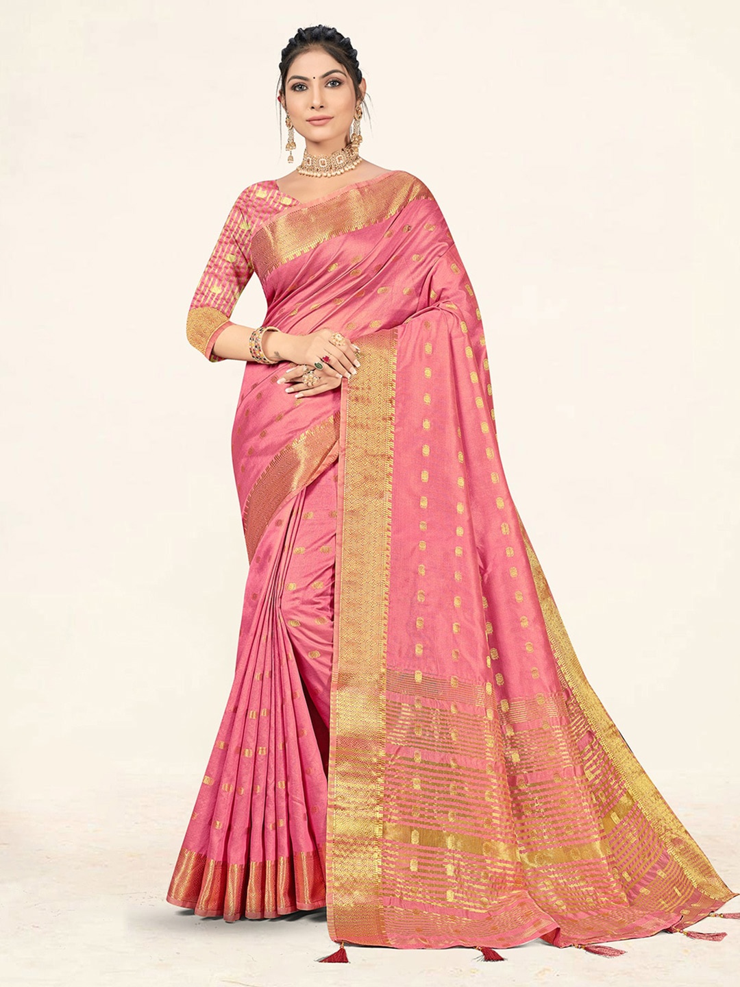 

Sweet smile Fab Ethnic Motifs Woven Design Zari Saree, Pink