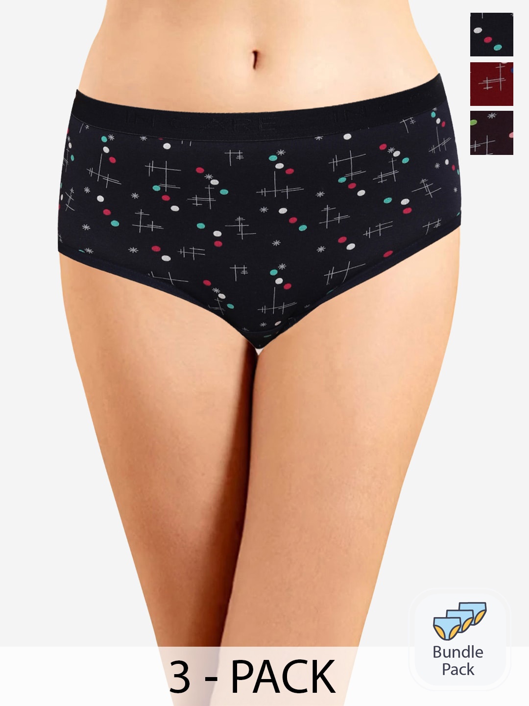 

In Care Pack Of 3 Geometric Printed Mid-Rise Cotton Hipster Briefs ICOE-055_M, Black