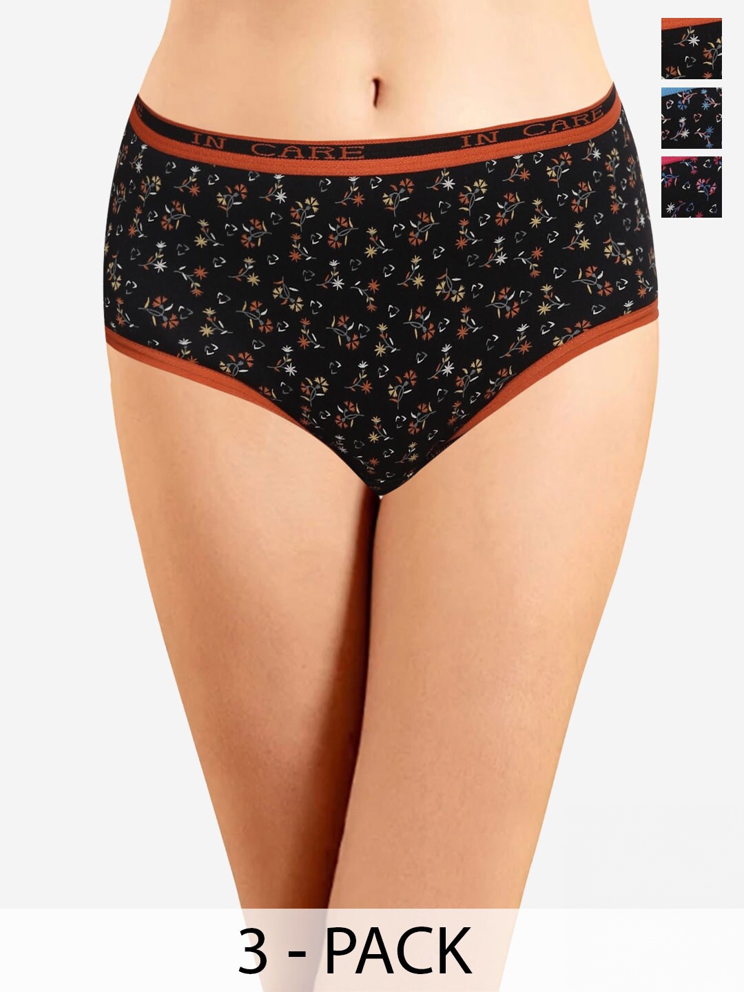 

In Care Pack Of 3 Floral Printed Mid-Rise Cotton Hipster Brief ICOE-063_M, Black