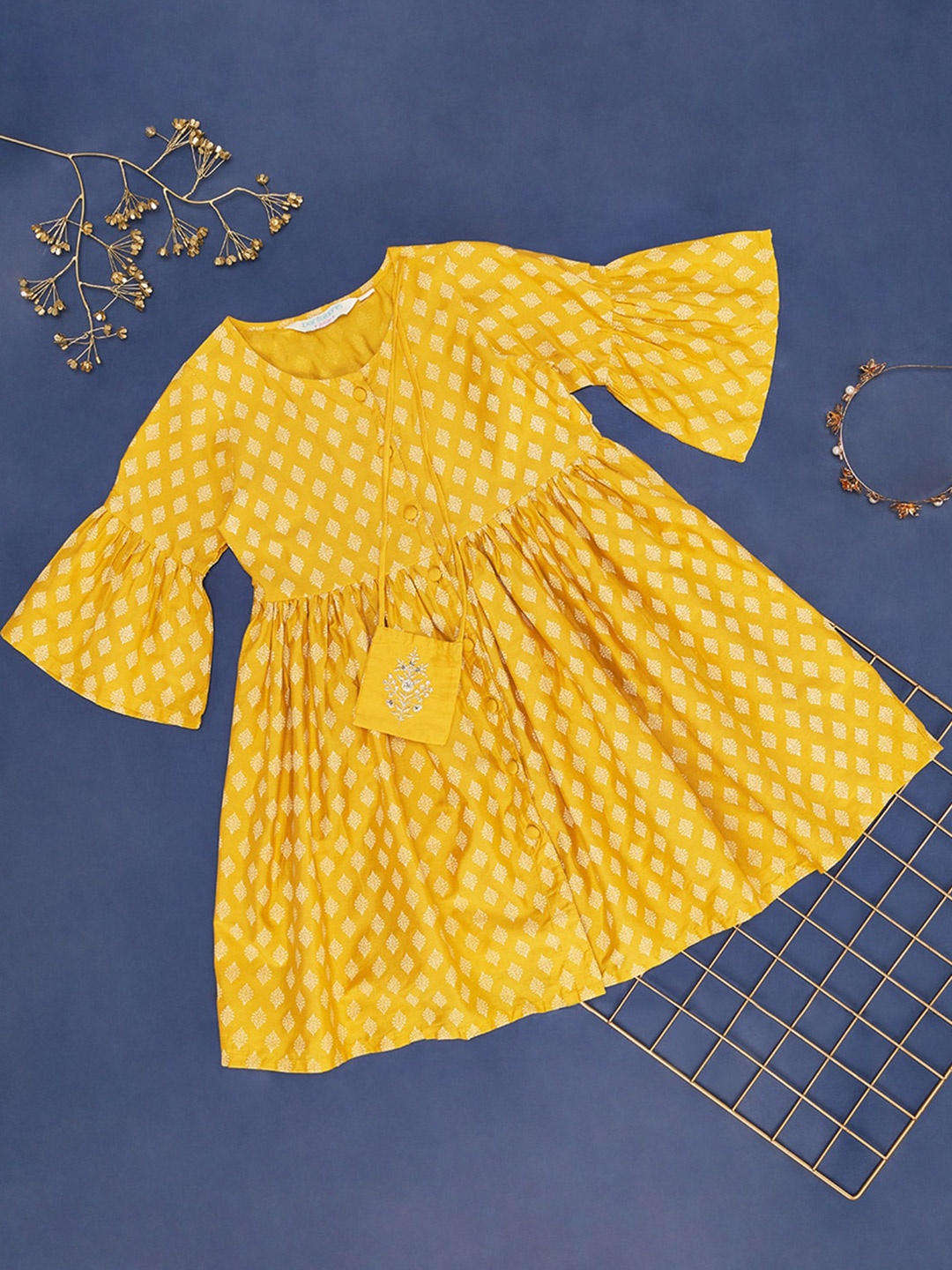 

AKKRITI BY PANTALOONS Girls Ethnic Motifs Printed Bell Sleeve Gathered Fit & Flare Dress, Yellow