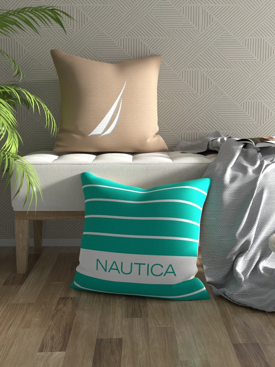 

Nautica 2 Pieces Beige & Green Striped Cotton Square Cushion Covers