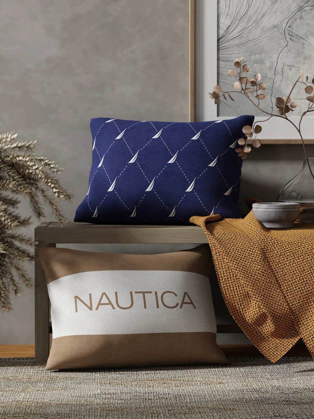 

Nautica 2 Pieces Navy Blue & Beige Printed Cotton Rectangle Cushion Covers