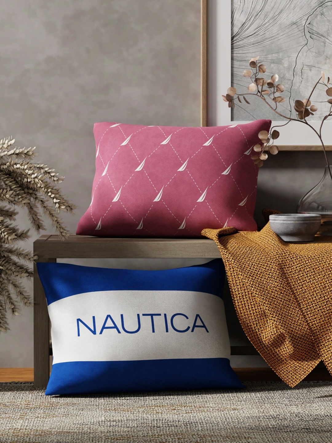 

Nautica 2 Pieces Pink & Blue Printed Cotton Rectangle Cushion Covers