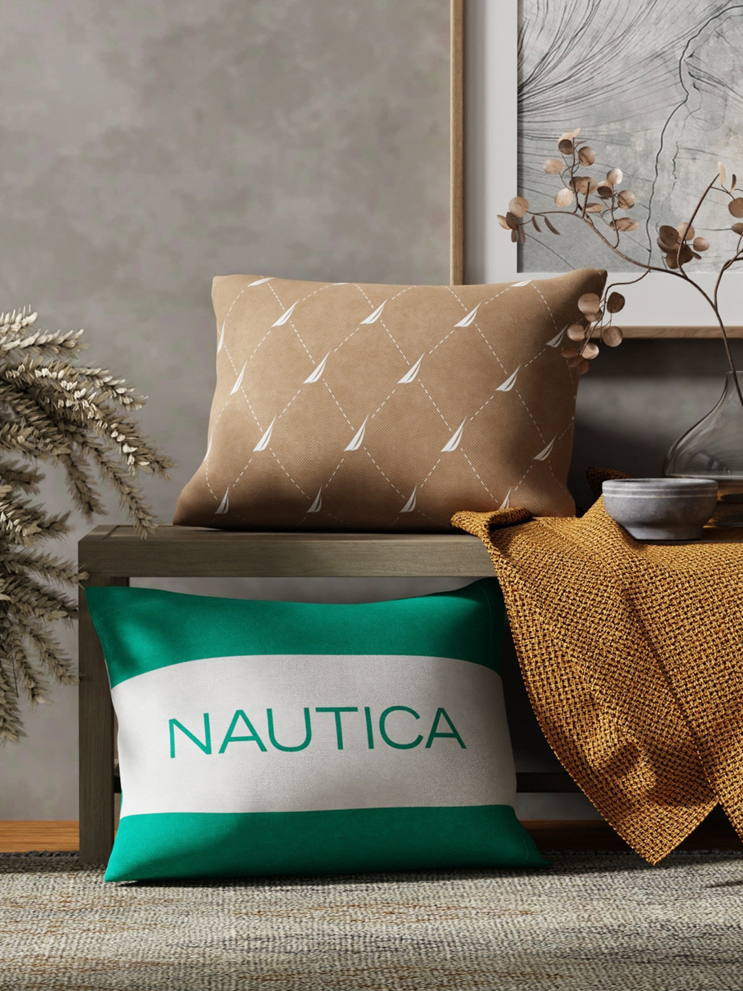 

Nautica 2 Pieces Beige & Green Printed Cotton Rectangle Cushion Covers