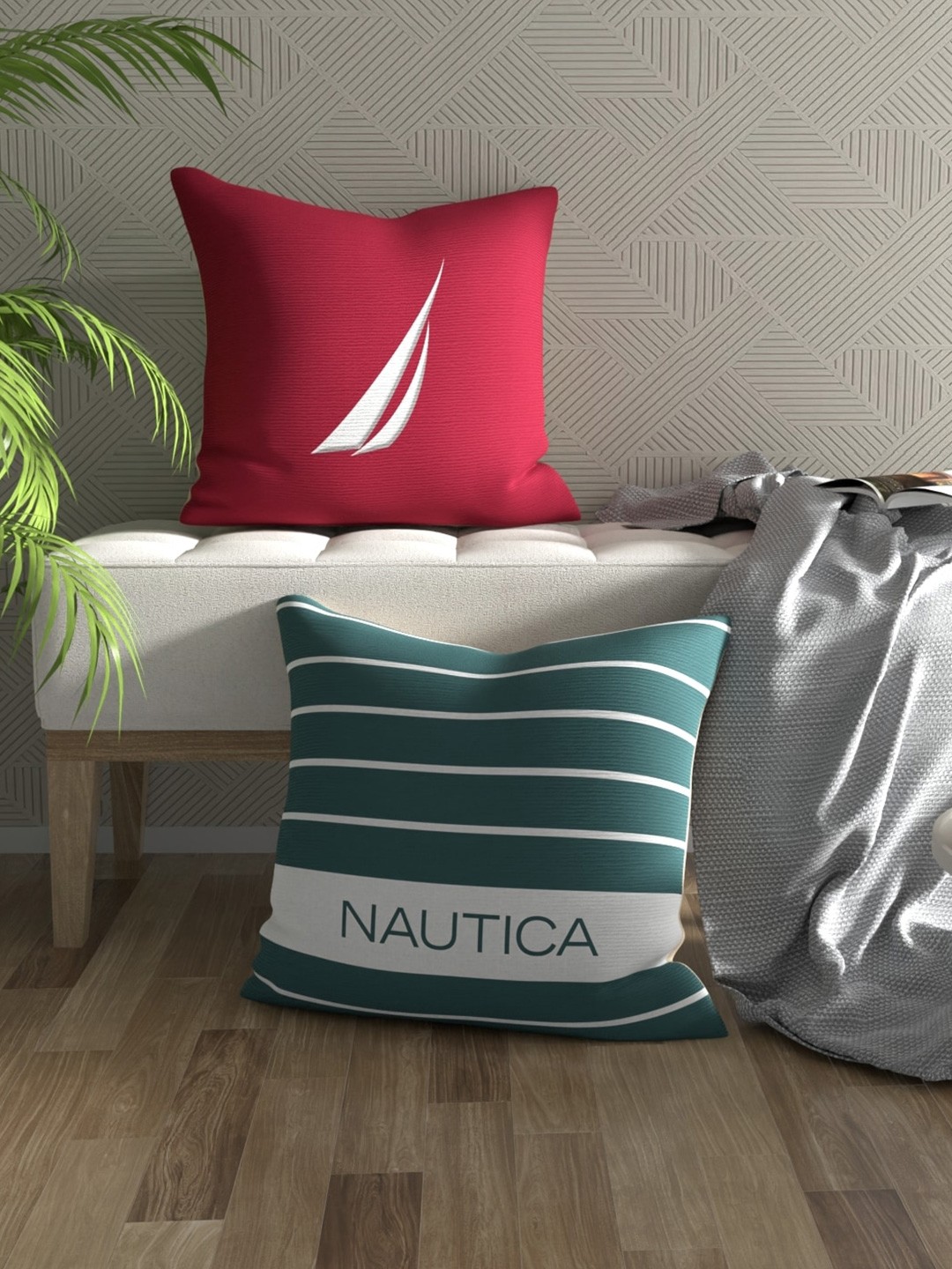 

Nautica 2 Pieces Red & Green Striped Cotton Square Cushion Covers