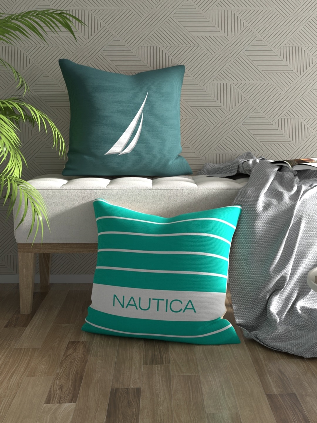 

Nautica 2 Pieces Green & White Striped Cotton Square Cushion Covers