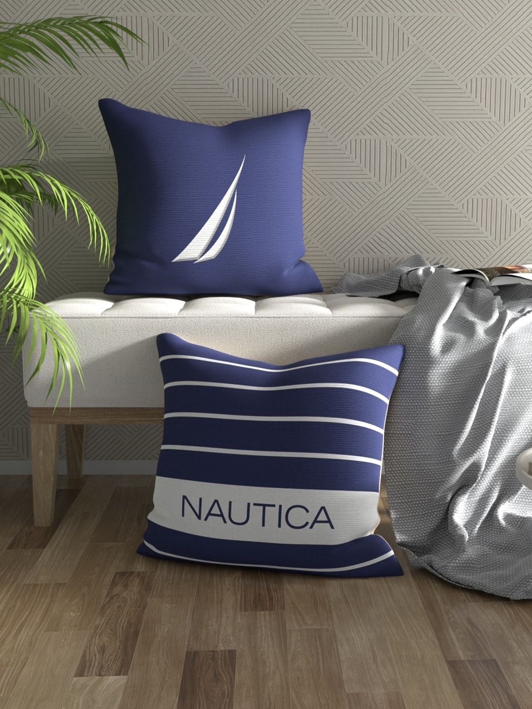 

Nautica 2 Pieces Navy Blue & White Striped Cotton Square Cushion Covers